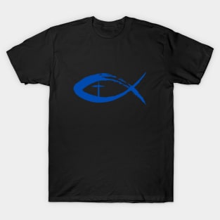 Painted Cross and Fish Christian Design - Blue T-Shirt